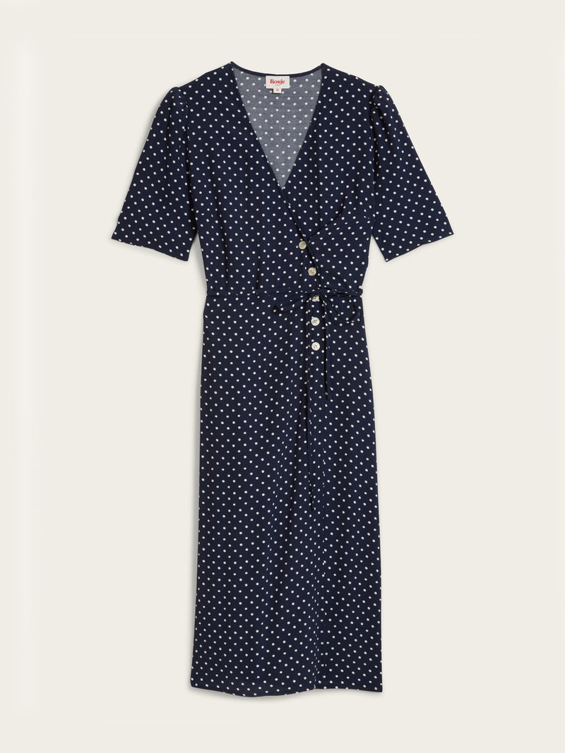 GABIN navy blue mini polka dot print midi wrap dress, flat packshot by Rouje