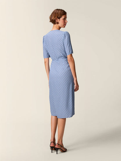 GABIN horizontal polka dot print wrap midi dress, side view by Rouje