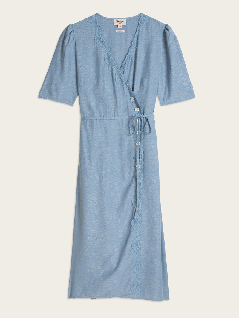 GABIN sky blue Mist jacquard and lace wrap midi dress, flat packshot by Rouje