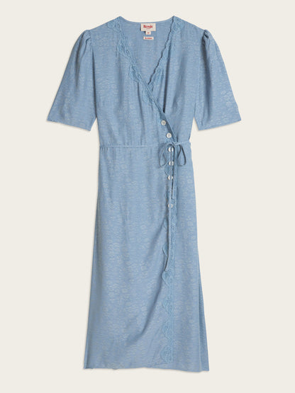 GABIN sky blue Mist jacquard and lace wrap midi dress, flat packshot by Rouje