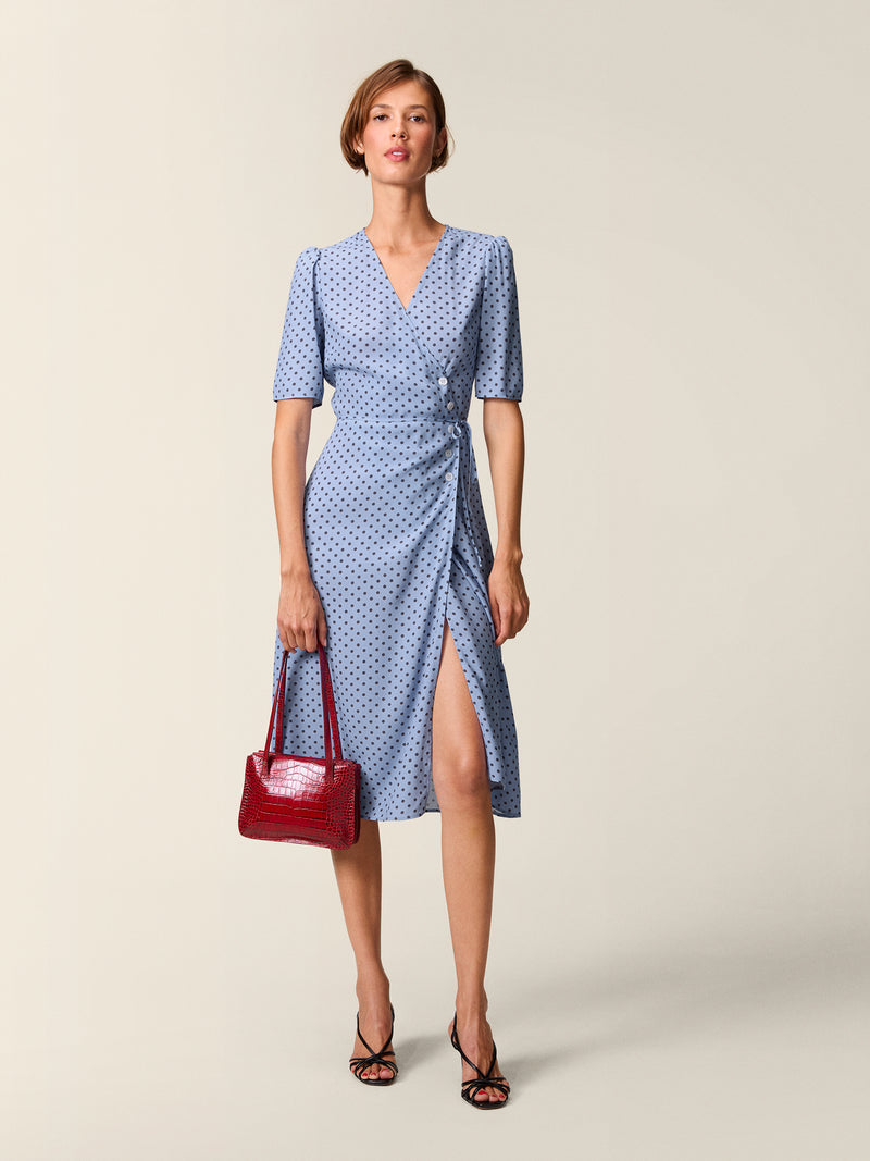 GABIN polka dot print wrap dress, lifestyle setting by Rouje