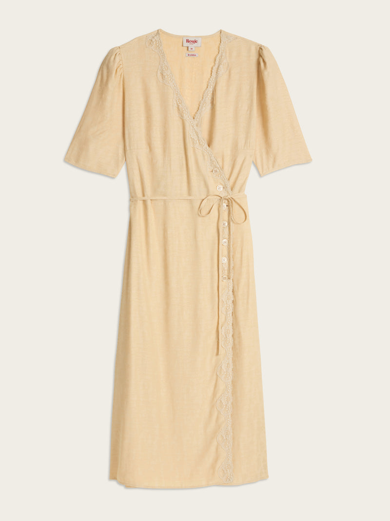 GABIN cream jacquard and lace wrap midi dress, flat packshot by Rouje