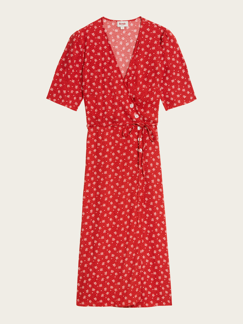 GABIN Arlesienne red print midi wrap dress, flat packshot by Rouje