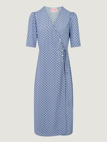 GABIN horizontal polka dot print wrap midi dress, flat packshot by Rouje