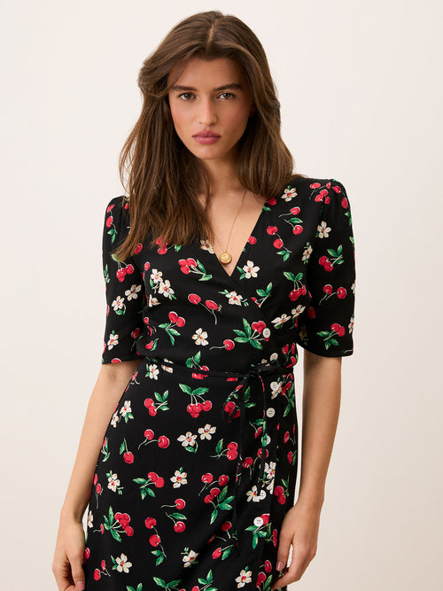 GABINETTE black Cherry baby print short wrap dress, front view by Rouje
