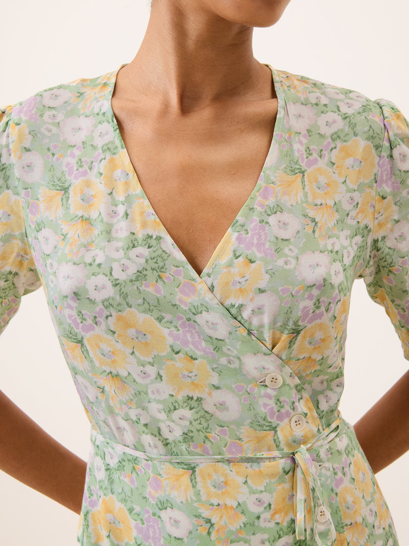 GABINETTE green floral wrap dress, back view by Rouje