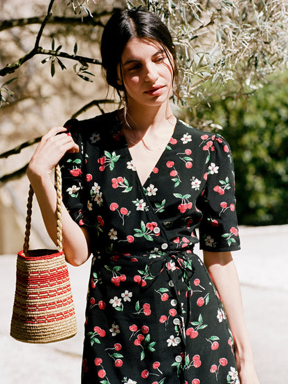 GABINETTE black Cherry baby print wrap dress by Rouje, lifestyle setting