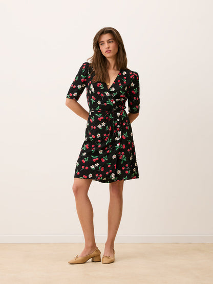 GABINETTE black print short wrap dress, side view by Rouje