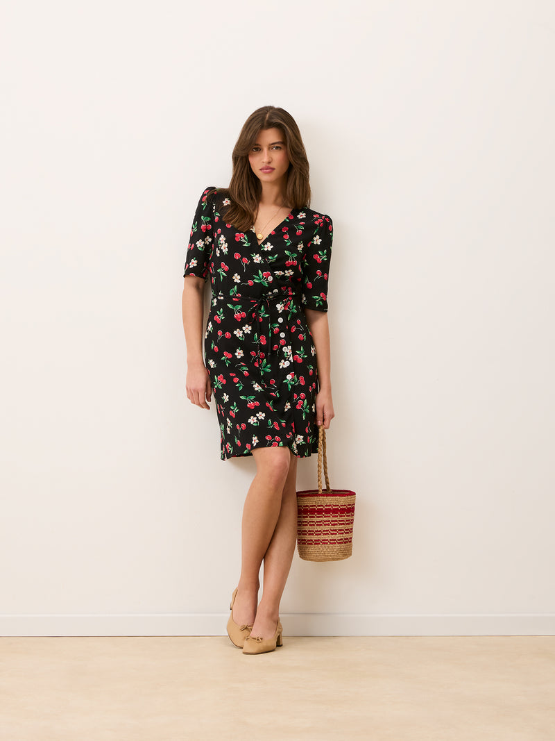 GABINETTE black Cherry baby print dress worn on a model, full-length view by Rouje