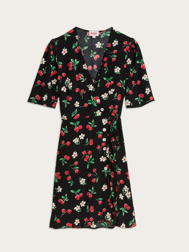 GABINETTE black Cherry baby print short wrap dress, flat packshot by Rouje