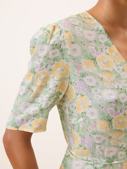 GABINETTE green floral wrap short dress, 3/4 view by Rouje