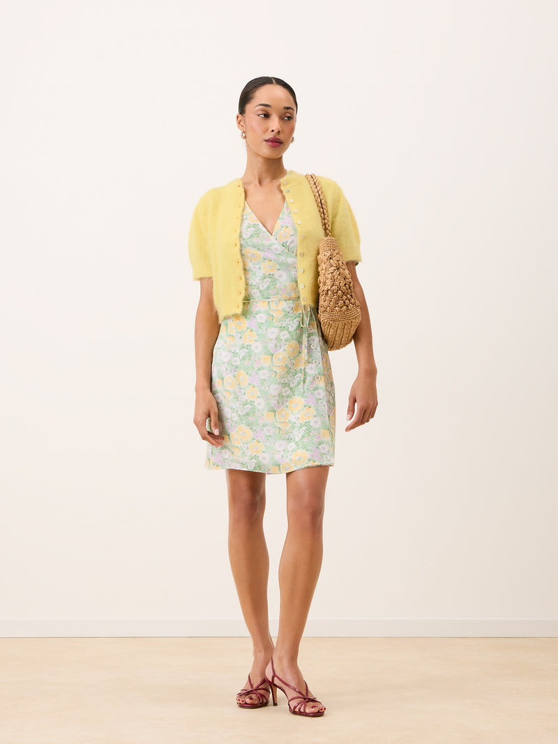 GABINETTE green Jardin parisien floral wrap short dress, lifestyle setting by Rouje
