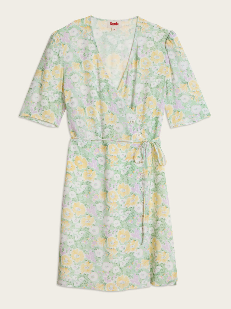 GABINETTE green Jardin parisien floral wrap short dress, flat packshot by Rouje