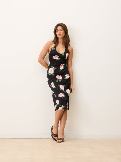 GAIA black Fleurs de Minuit floral stretch satin halter midi dress, front view by Rouje