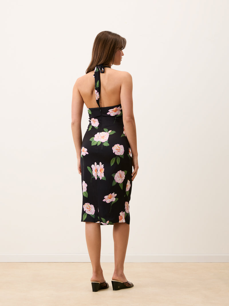 GAIA black Fleurs de Minuit halter midi dress, 3/4 view by Rouje