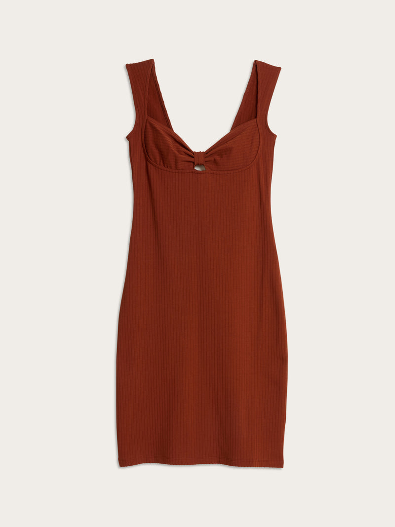 GINA mahogany brown short ribbed jersey sleeveless dress, flat packshot by Rouje
