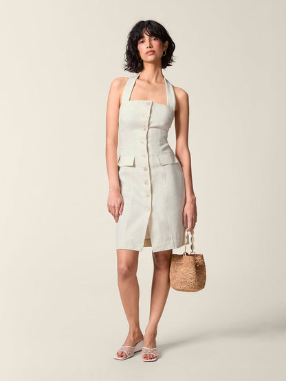 Full front view of the short white Griselda dress.