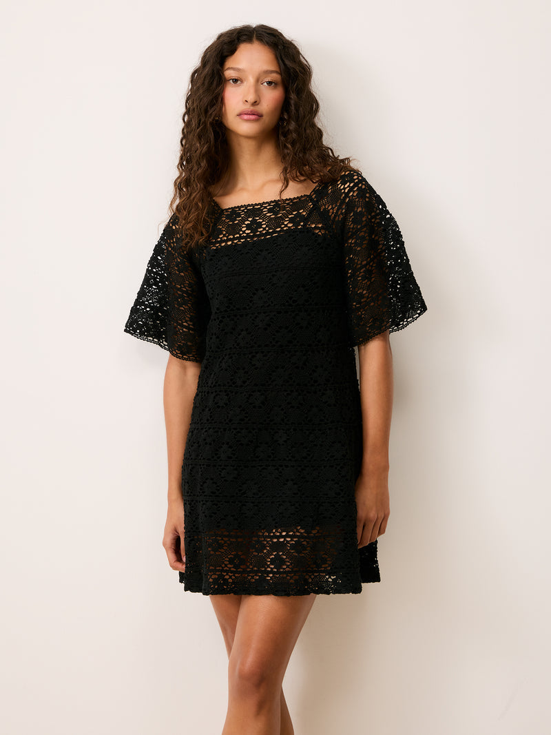HOLLY black short macrame dress, front view by Rouje
