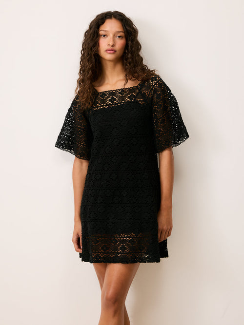 HOLLY black short macrame dress, front view by Rouje