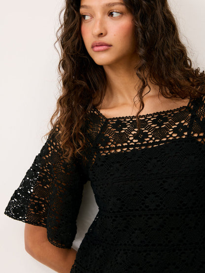 HOLLY black macrame short dress, back view by Rouje