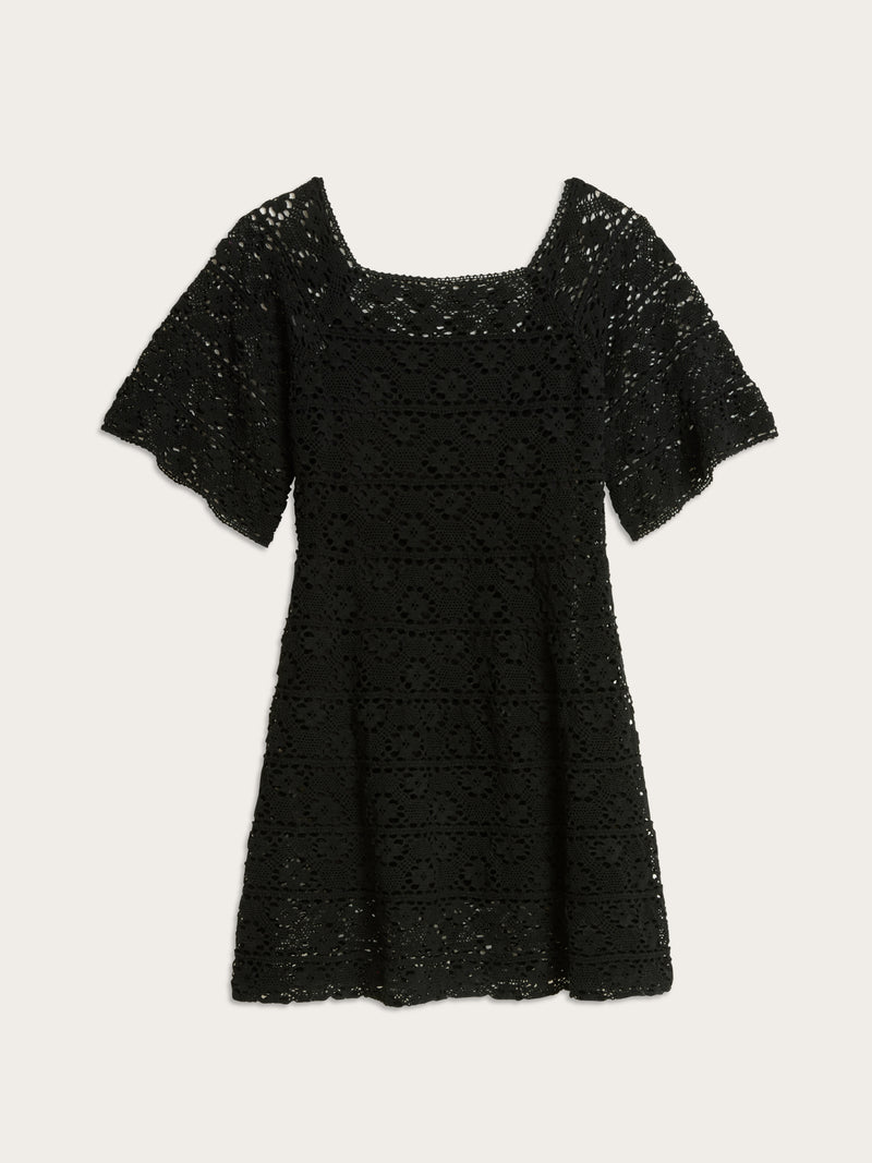 HOLLY black short macrame dress, flat packshot by Rouje
