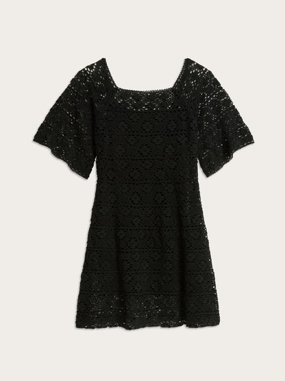 HOLLY black short macrame dress, flat packshot by Rouje