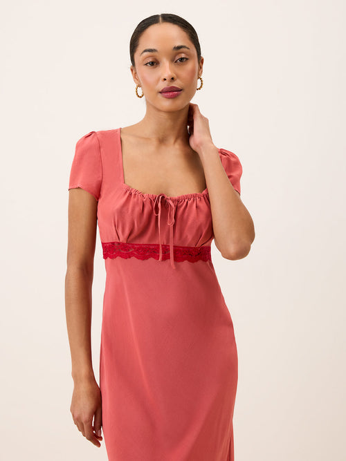INES pink red lace short-sleeve midi dress, front view by Rouje