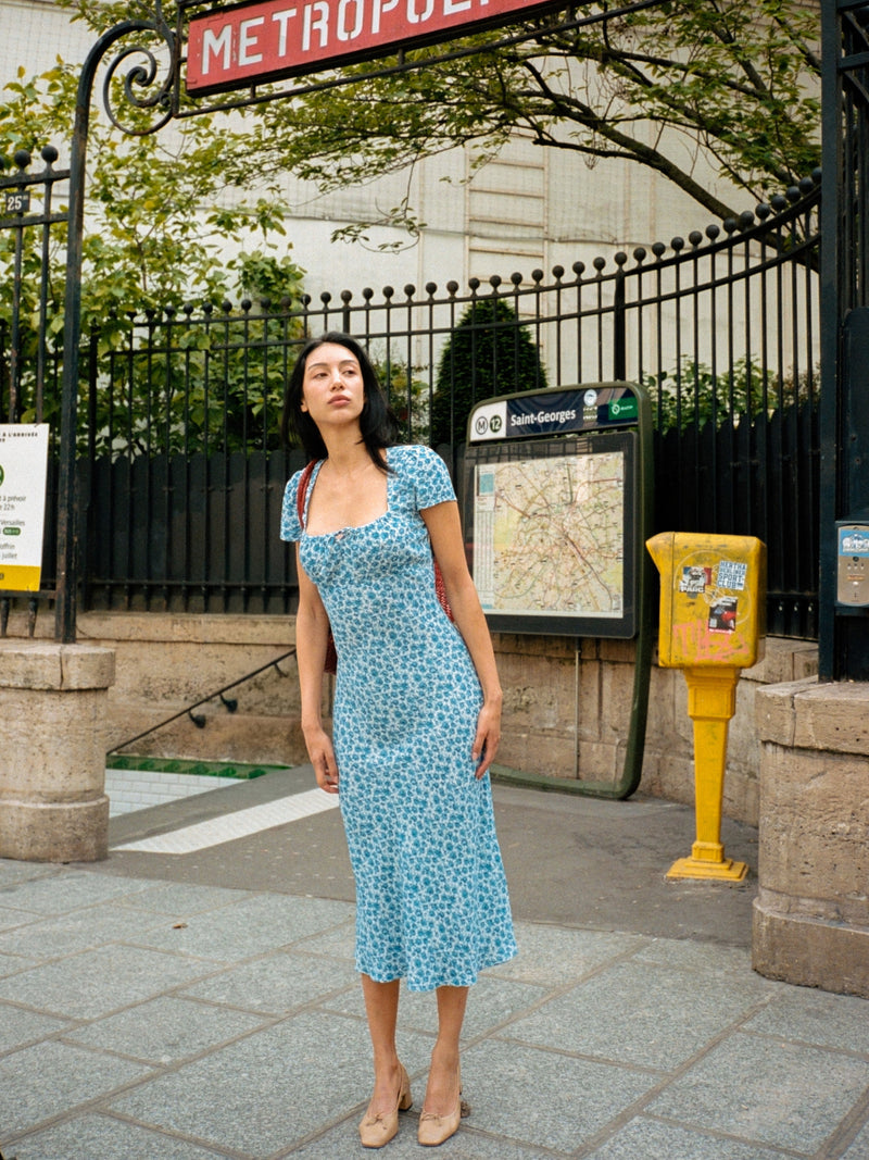 INES blue floral midi dress by Rouje, lifestyle setting