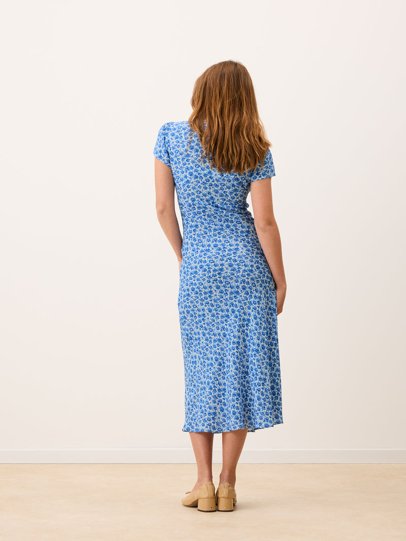 INES blue floral midi dress, detail of square neckline with tie by Rouje
