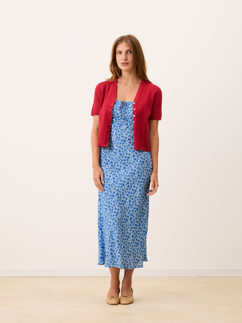 INES blue Rose Radieuse floral flowing midi dress, side view by Rouje