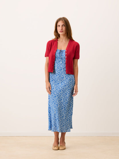 INES blue Rose Radieuse floral flowing midi dress, side view by Rouje