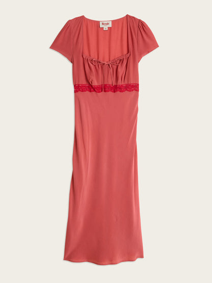 INES pink red lace short-sleeve midi dress, flat packshot by Rouje