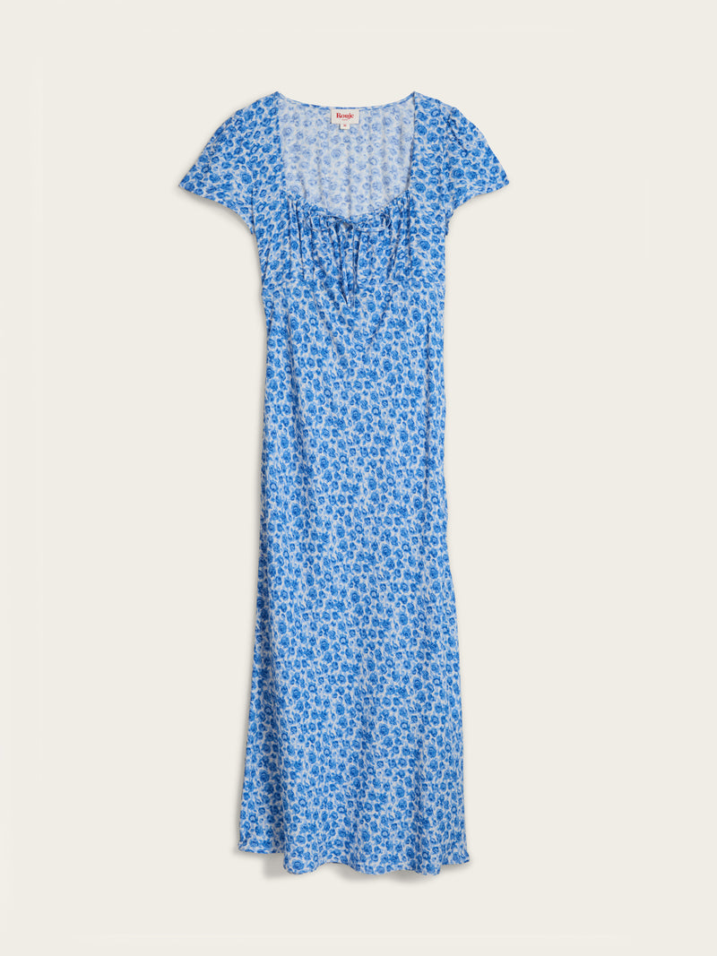 INES blue Rose Radieuse floral flowing midi dress, flat packshot by Rouje