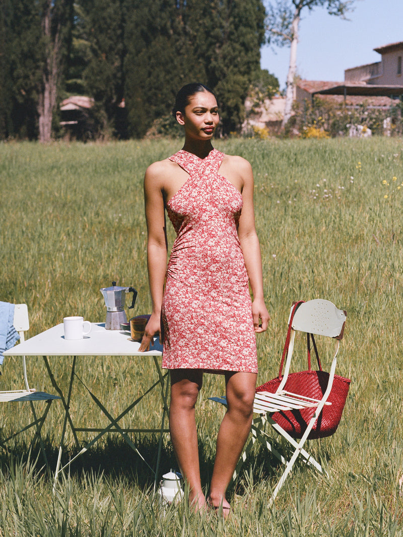 IRINA red floral crossover dress by Rouje, lifestyle setting