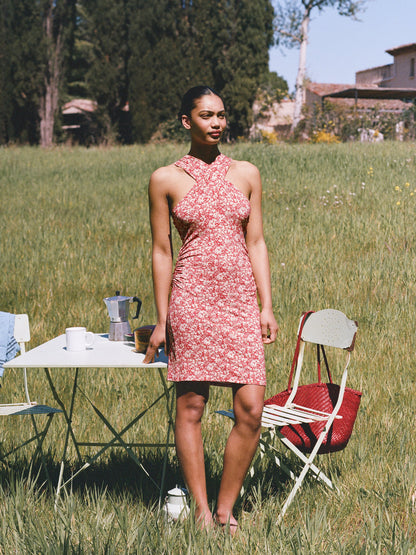 IRINA red floral crossover dress by Rouje, lifestyle setting