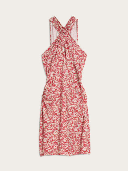 IRINA red floral crossover short dress, flat packshot by Rouje