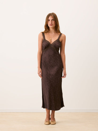 JENNA coffee jacquard lace midi dress worn on a model by Rouje