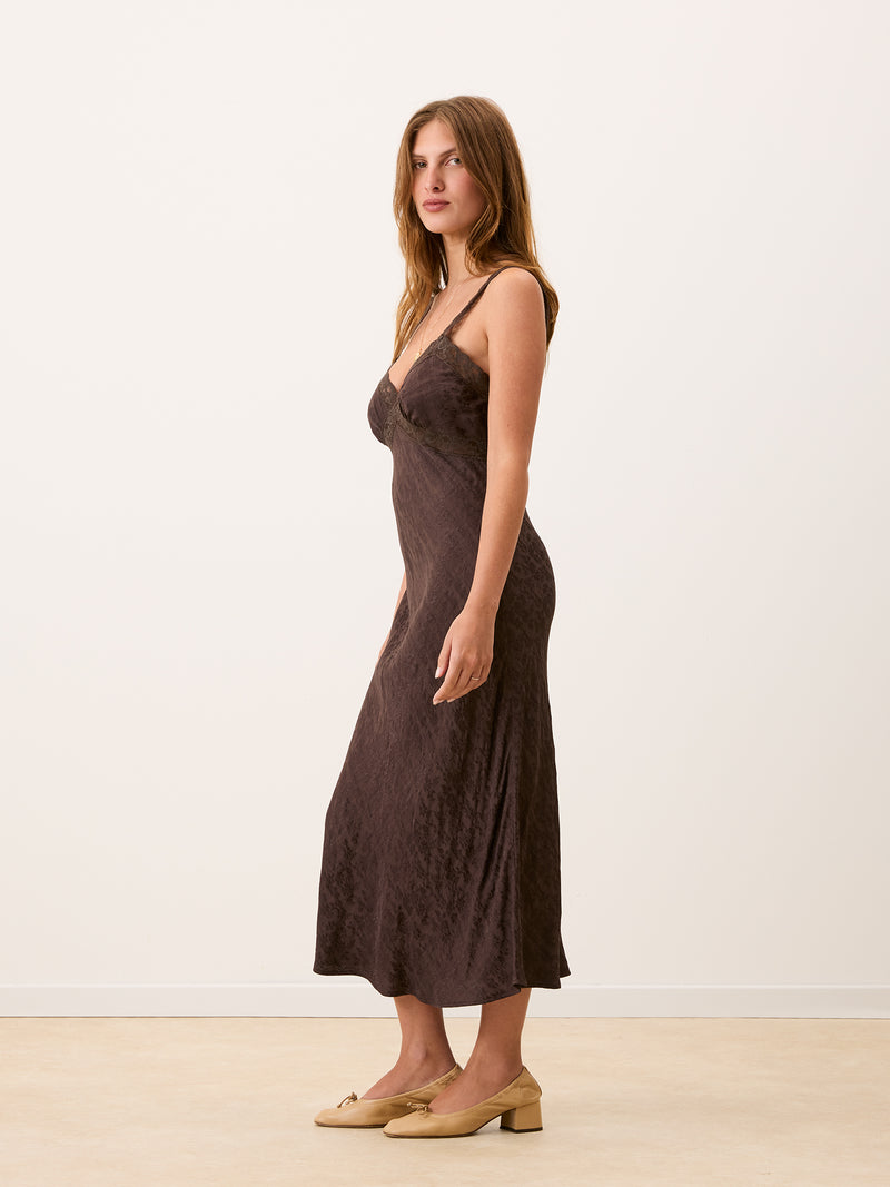 JENNA coffee jacquard lace midi dress, side view by Rouje