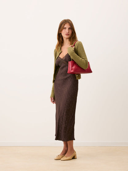 JENNA coffee jacquard floral lace midi dress, lifestyle setting by Rouje