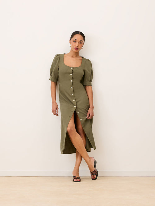 JULIA khaki long lace-up button-down dress, front view by Rouje