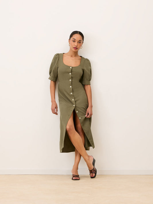 JULIA khaki long lace-up button-down dress, front view by Rouje