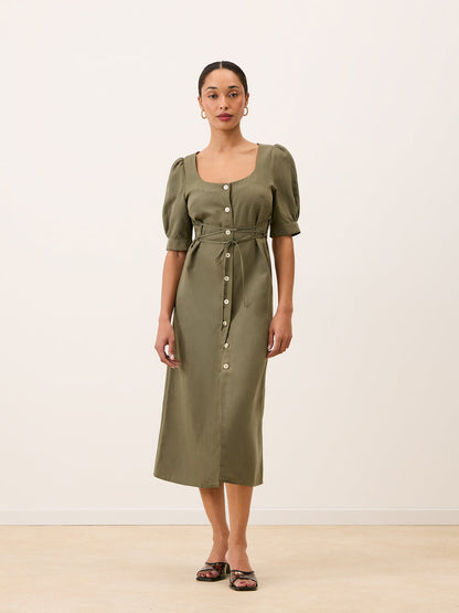 JULIA khaki long dress worn on a model by Rouje