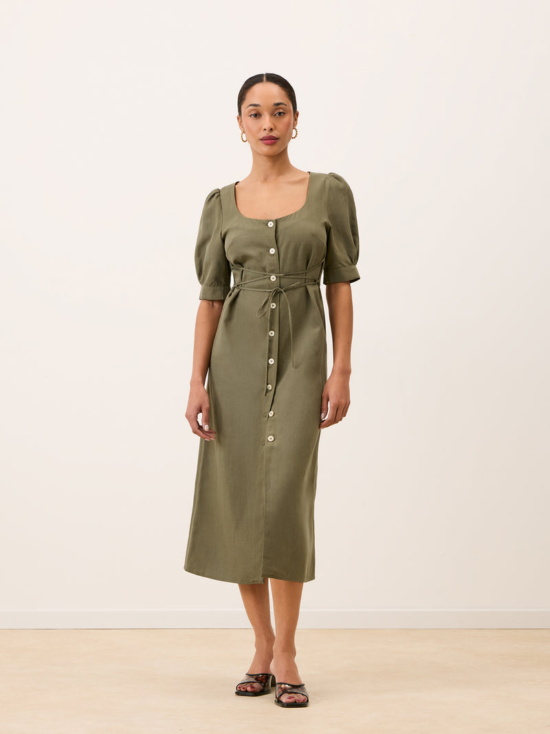 JULIA khaki long dress worn on a model by Rouje
