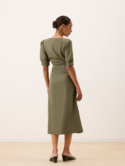 JULIA khaki long dress, back view by Rouje