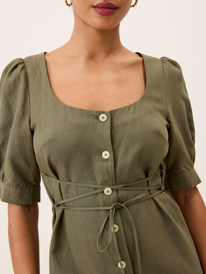 JULIA khaki long dress, detail of puff sleeves by Rouje