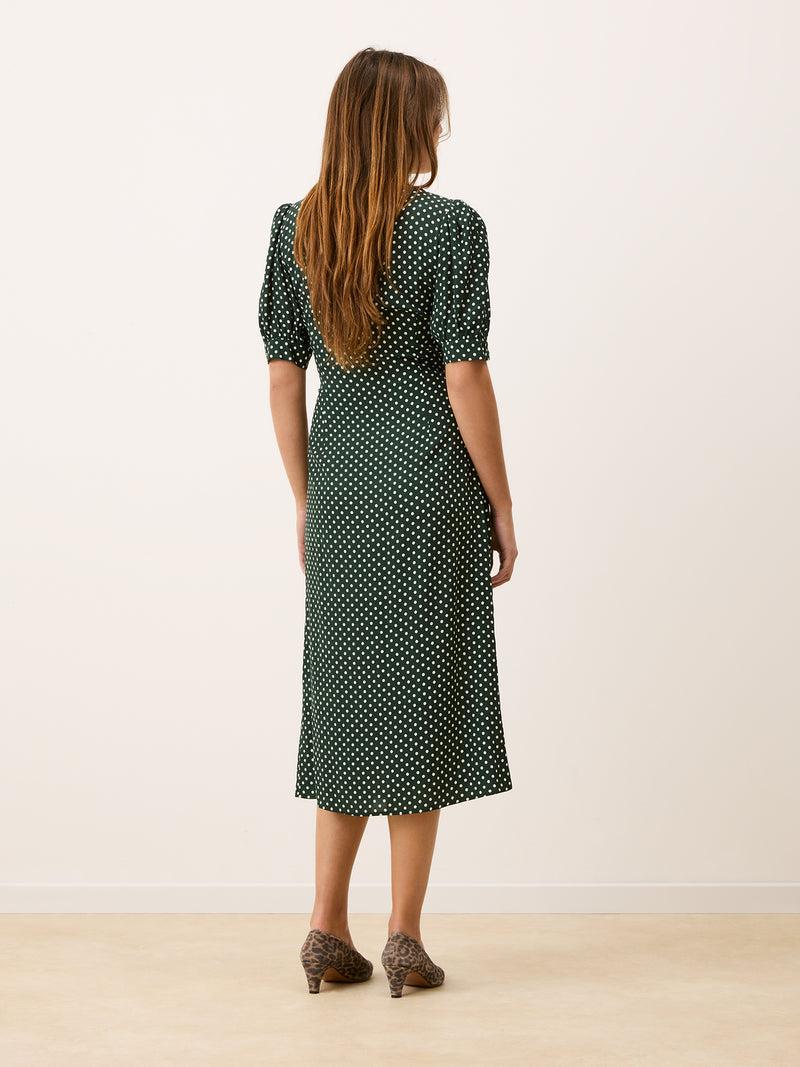 Julia green polka dot dress worn, back view