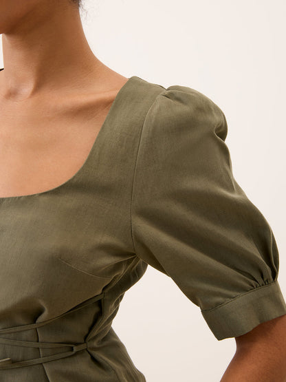 JULIA khaki long dress, side view by Rouje