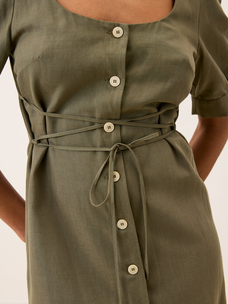 JULIA khaki long dress, lifestyle setting by Rouje