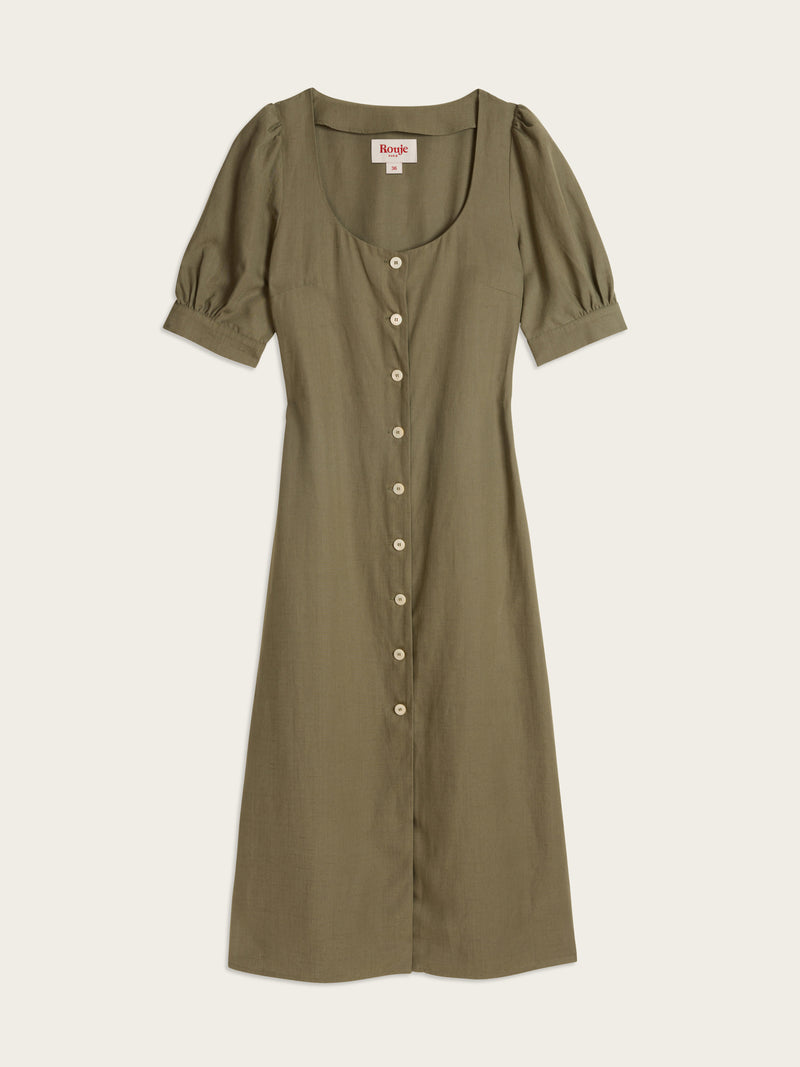 JULIA khaki long lace-up button-down dress, flat packshot by Rouje