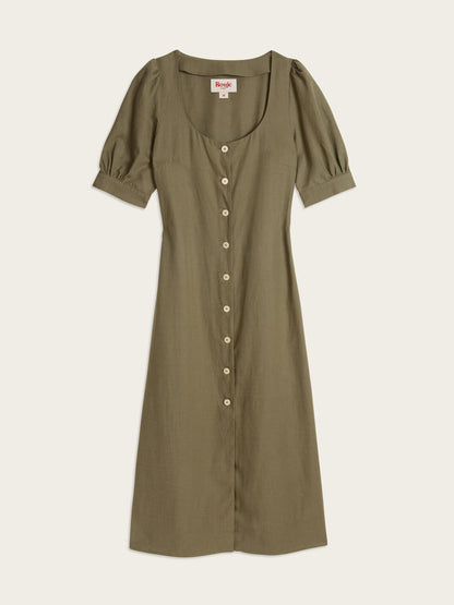 JULIA khaki long lace-up button-down dress, flat packshot by Rouje
